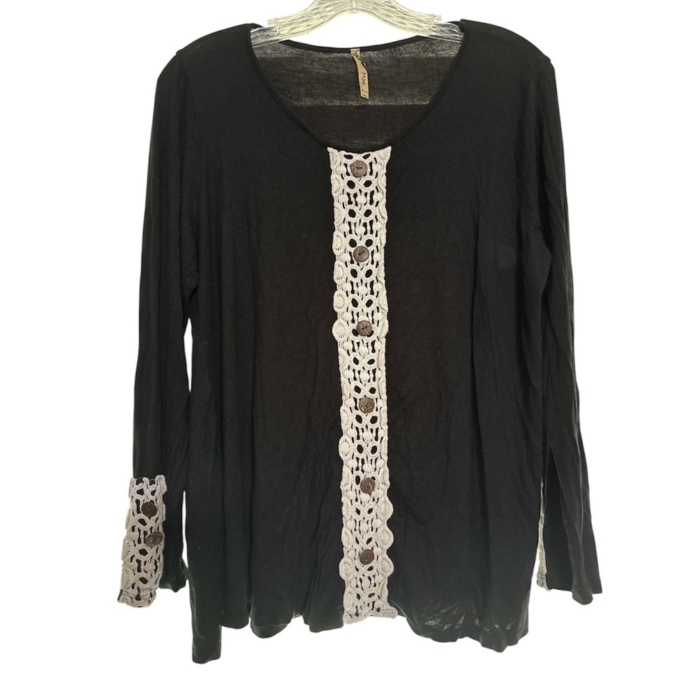 MOA USA Black Top Blouse Lace Front & Sleeve Long Sleeve